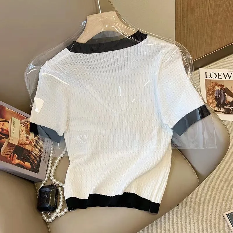 Sommer Gestrickte T-Shirt frauen Rundhals Kurzarm Lose Pullover Luxus Designer Rose Blume Gestickte Top frauen Kleidung