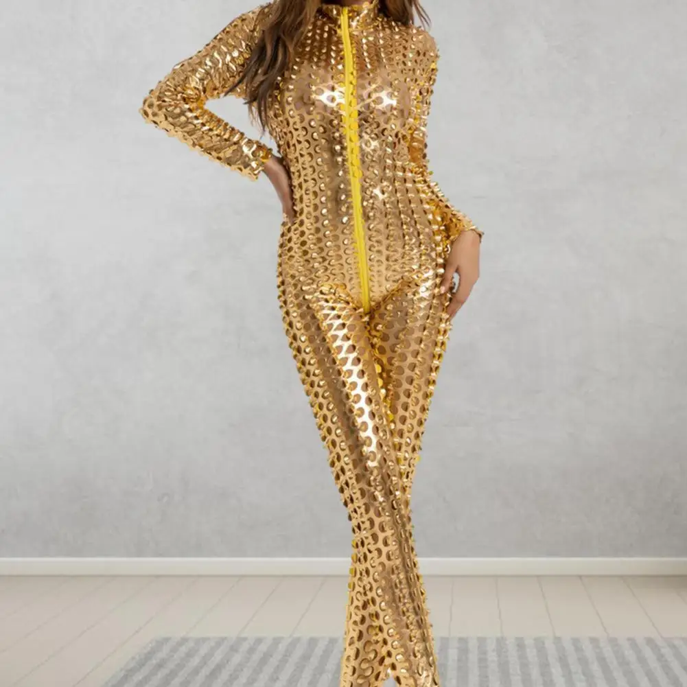 Women Jumpsuit Hollow Out Hole Solid Color Skinny Elastic Stand Collar Long Sleeve Cosplay DJ Pole Dance Jazz Stage Jumpsuit