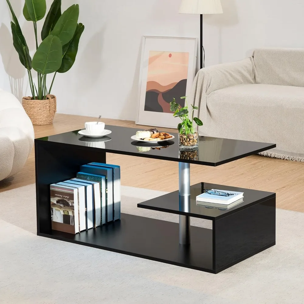 Mesa de centro S-Shaped com luzes LED, 3 Tiers Open Storage Shelf, High Gloss Center Sofa Tea Table, 18 "Alto, Sala