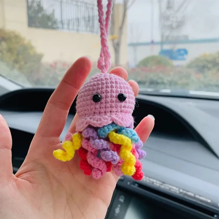 Popular Online Car Hangers Handmade Crochet Knitted Cartoon Octopus Car Rearview Mirror Cute Decoration