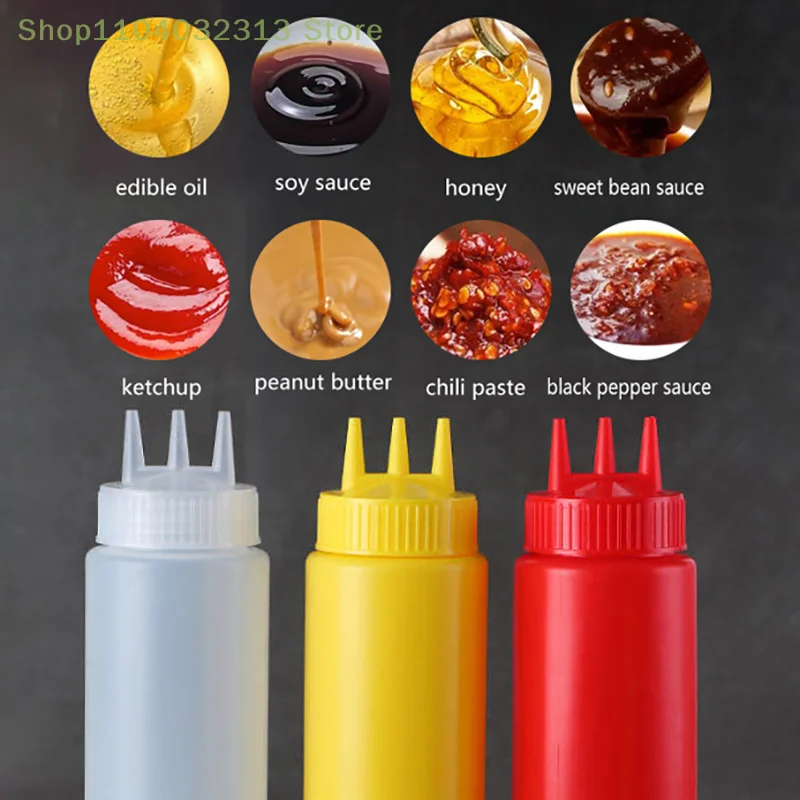 3 Holes Squeeze Sauce Dispenser Bottles with Lids Kitchen Oil Seasoning Mustard Salad Storage Jar Condiment Tool for Home