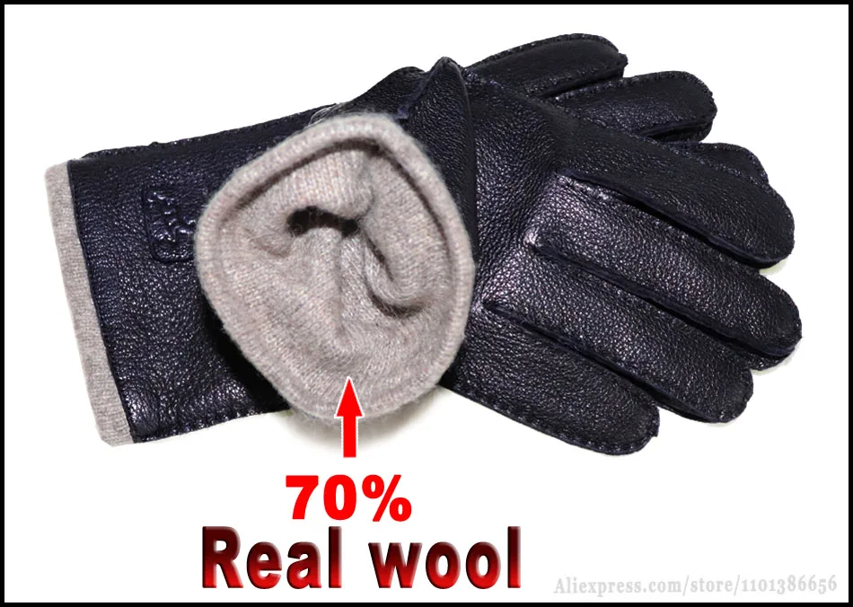 Deerskin Textured Leather Gloves Goatskin Men\'s and Women\'s Outside Sewn Wool Knit Lining Autumn and Winter Warm Thin Driving