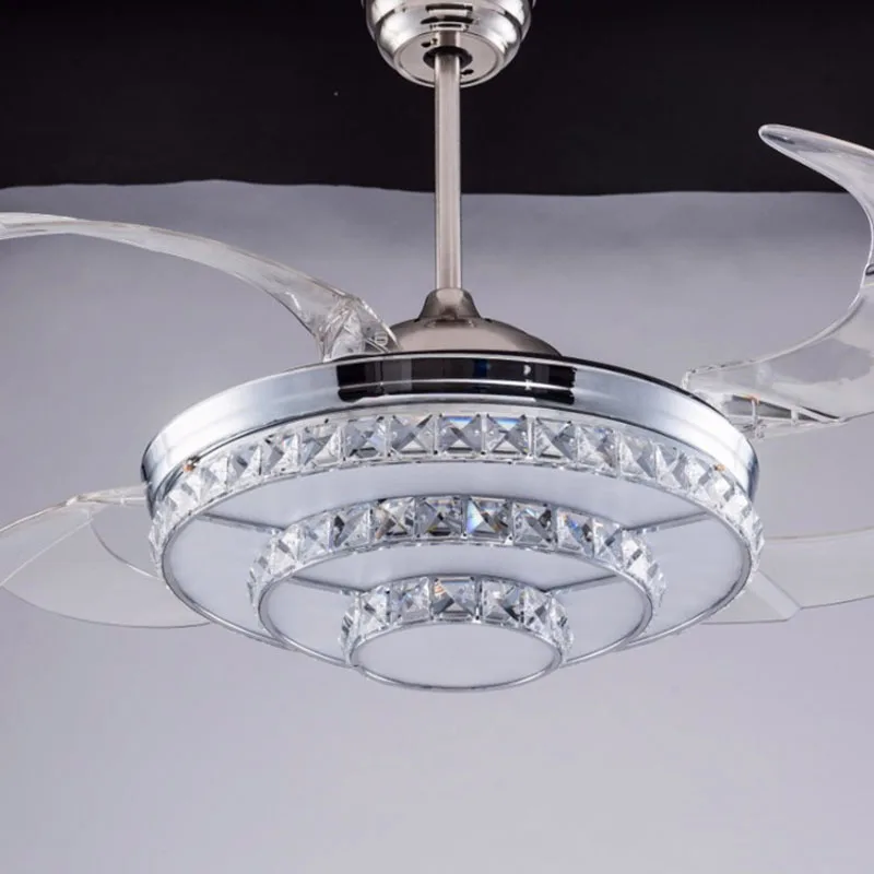 Ceiling Fan Light Invisible Luxury Crystal Silvery LED Lamp With Remote Control Modern For Home Decro