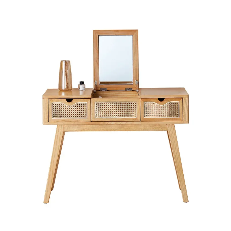 

With mirror drawer multifunctional bedroom wabi-sabi wind rope knitted makeup chair dresser combination
