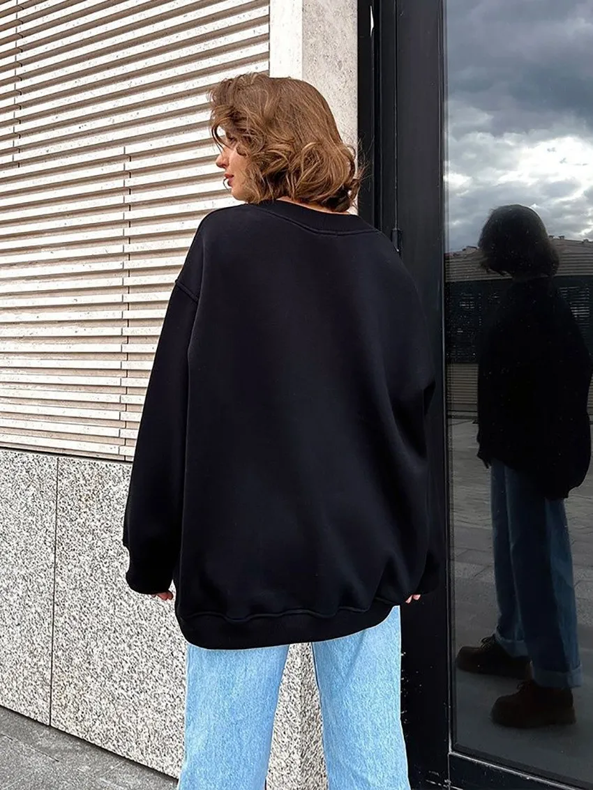 Round Neck Pullover Hoodie Mid Length Alternative Street with Loose Fit Single Regular Thickness Streetwear Women Sweatshirts