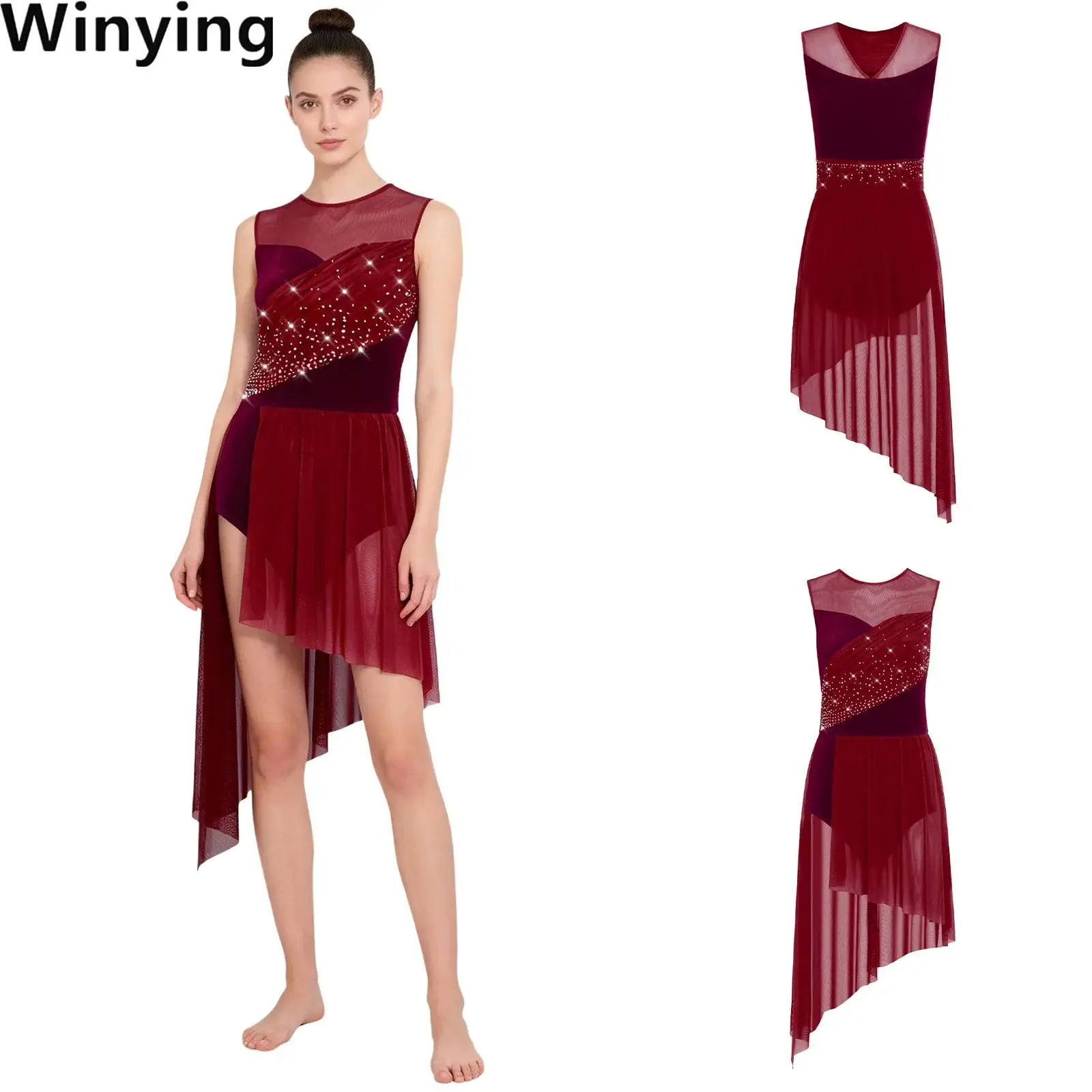 Women Velvet Mesh Patchwork Dance Bodysuit Dress V Neck Sleeveless Irregular Hem Buttoned Crotch Rhinestone Dress
