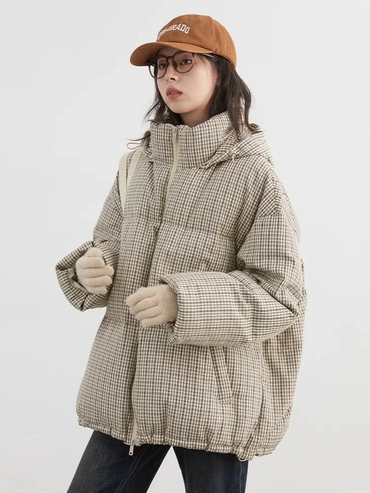 CHIC VEN Women Down Coats Loose New Hooded Plaid Turtle Back Down Jacket 90 White Duck Down Female Clothing Winter New 2024