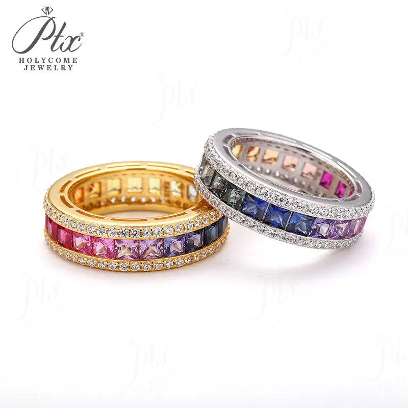 Lab Sapphire Gemstones Ring Princess Cut 925 Sterling Silver for Women Luxury Wedding Band Anniversary Gift Holycome Jewelry