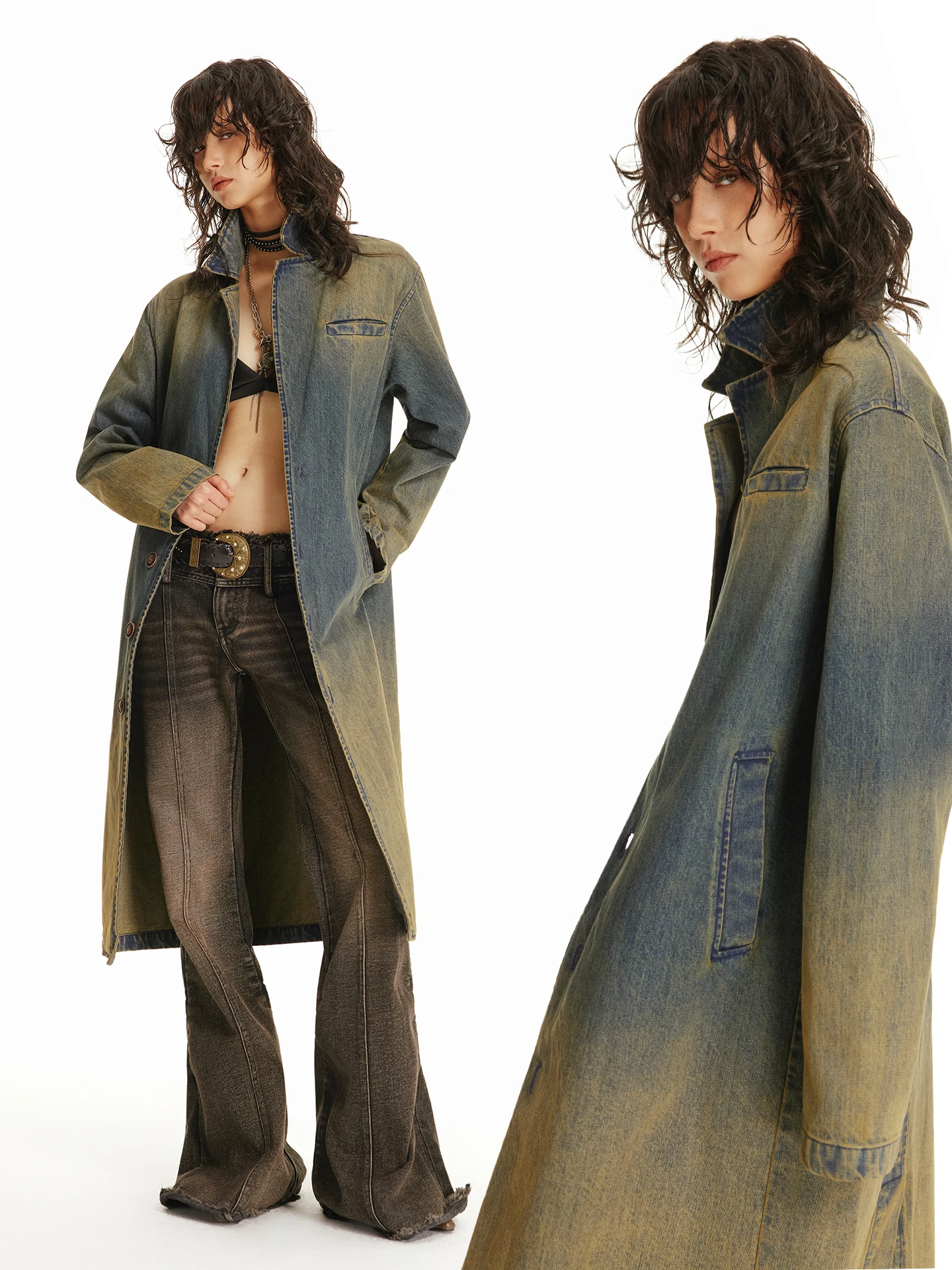

Retro Waed Loose Fit Long Denim Jaet for Women Vintage Sle over Knee Coat Open Collar Windproof Autumn Outerwear