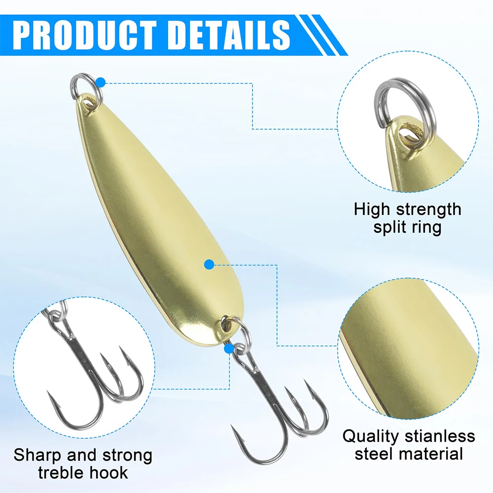 5Pcs Fishing Spoons Metal Fishing Lures Gold Jigging Casting Lure Trolling Spoon with Treble Hooks for Bass Salmon Trout Walleye view 3