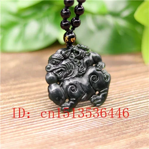 Carved Chinese Black Green Jade Qilin Pendant Natural  Beads Necklace Charm Jewellery Fashion Lucky Amulet Gifts for Men