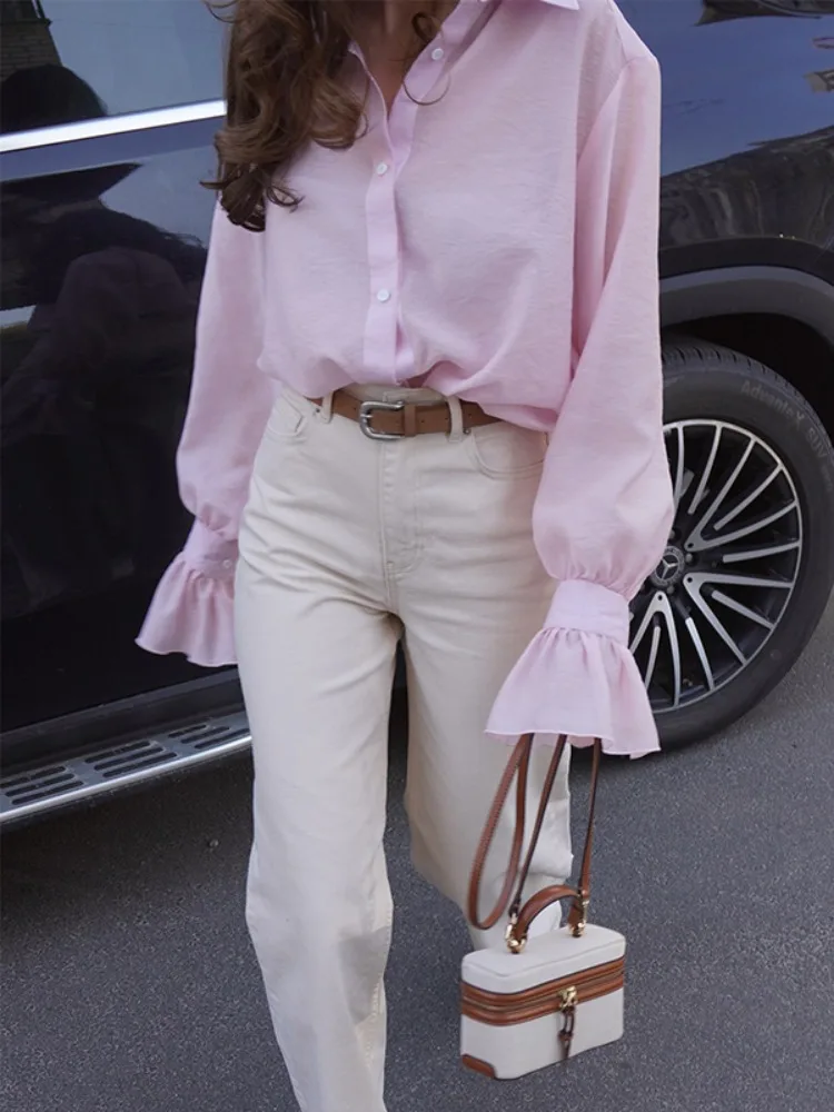 เสื้อผ้าผู้หญิง Bonboho แฟชั่นฤดูใบไม้ร่วง 2025 เสื้อเชิ้ตสีพื้น เสื้อคลาสสิก แขนพองติดกระดุม เสื้อทรงหลวมสำหรับผู้หญิง
