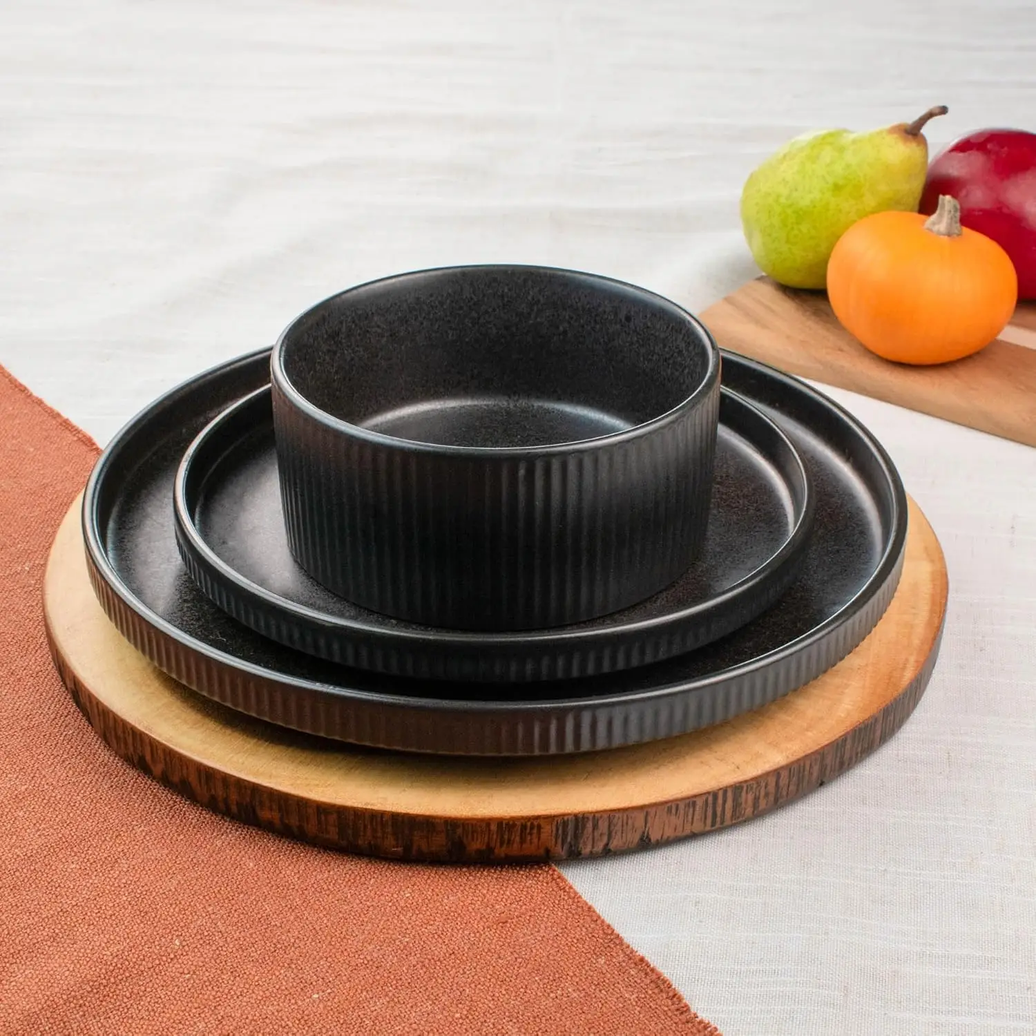 Anderson Black 12-Piece Stoneware Dinnerware Set – Service for 4, Modern Design with Textured Ridges, Exquisite Reactive Glaze,