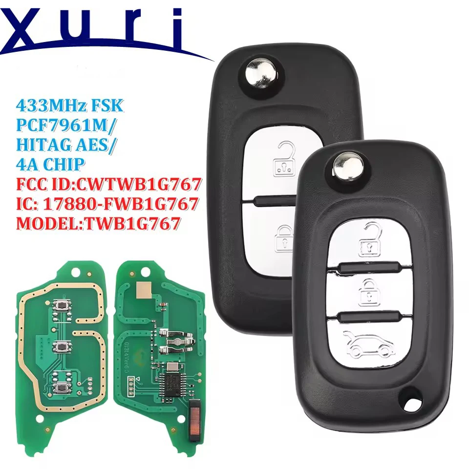 

Xuri 2/3 Buttons 433MHz PCF7961M HITAGS AES 4A Chip Remote Flip Key For Renault Megane III Twingo CWTWB1G767 Mercedes Benz Smart