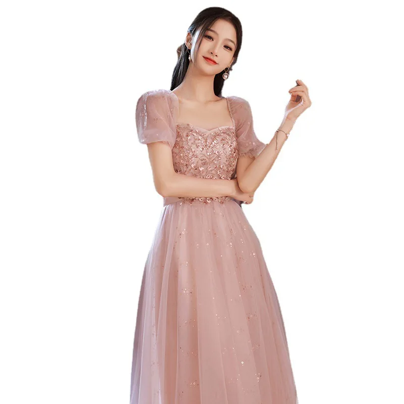 4 Styles Pink Bridesmaid French Square Collar/V-Neck Wedding Female Guests Dresses Exquisite Applique Sequins Sisters Group Gown