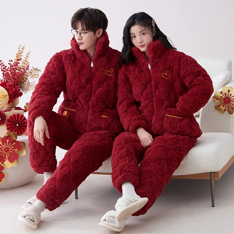 Newest Couple Pajamas Set Women Men Thick 3 Layers Pijama Winter knited Cotton Quilted Pyjamas