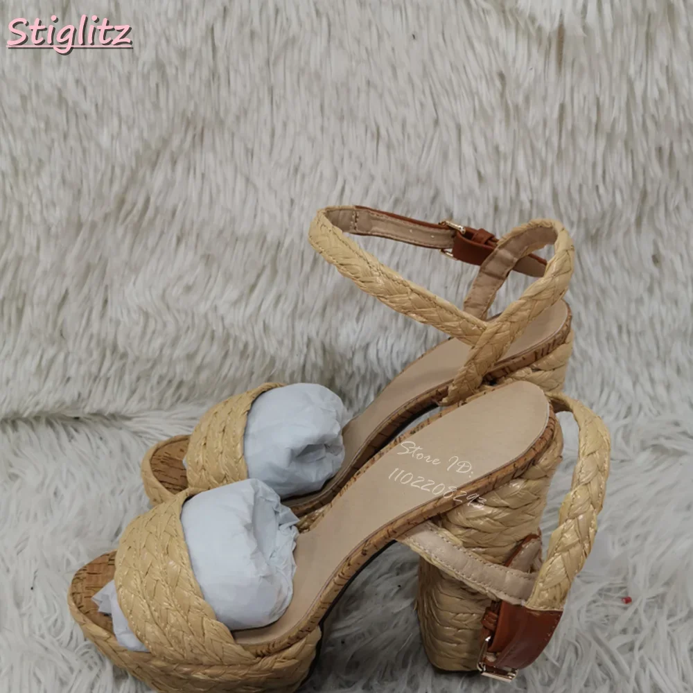 Raffia Weaving Sandals Platform Solid Summer Rome Women Shoes  Square Heel Anckle Strap Strappy Niche Dress Wave New Arrival