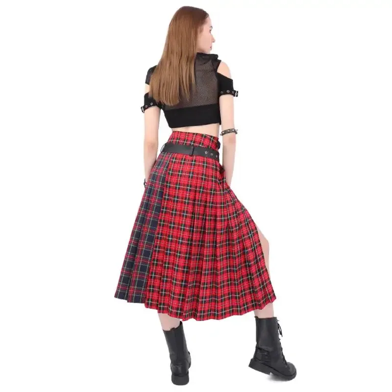 DAZCOS Belted Plaid Side Split Midi Skirt Two-tone Dress with Buckle Belt Low Waist Plaid Slit Thigh Midi Skirt for Women