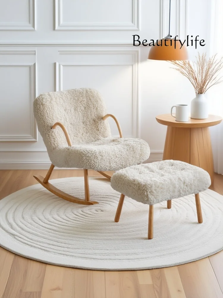 

Balcony single sofa lazy chair solid wood lamb wool long hair home bedroom rocking chair living room dismantling and washing