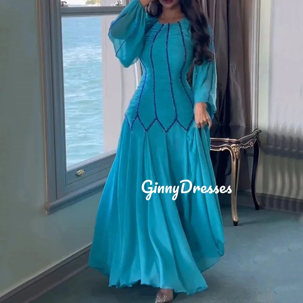 

Customized Evening Dresses Long Sleeves A-Line Wedding Party Dress Scoop Neckline Floor-Length Zipper Up Vestidos De Festa Beadi
