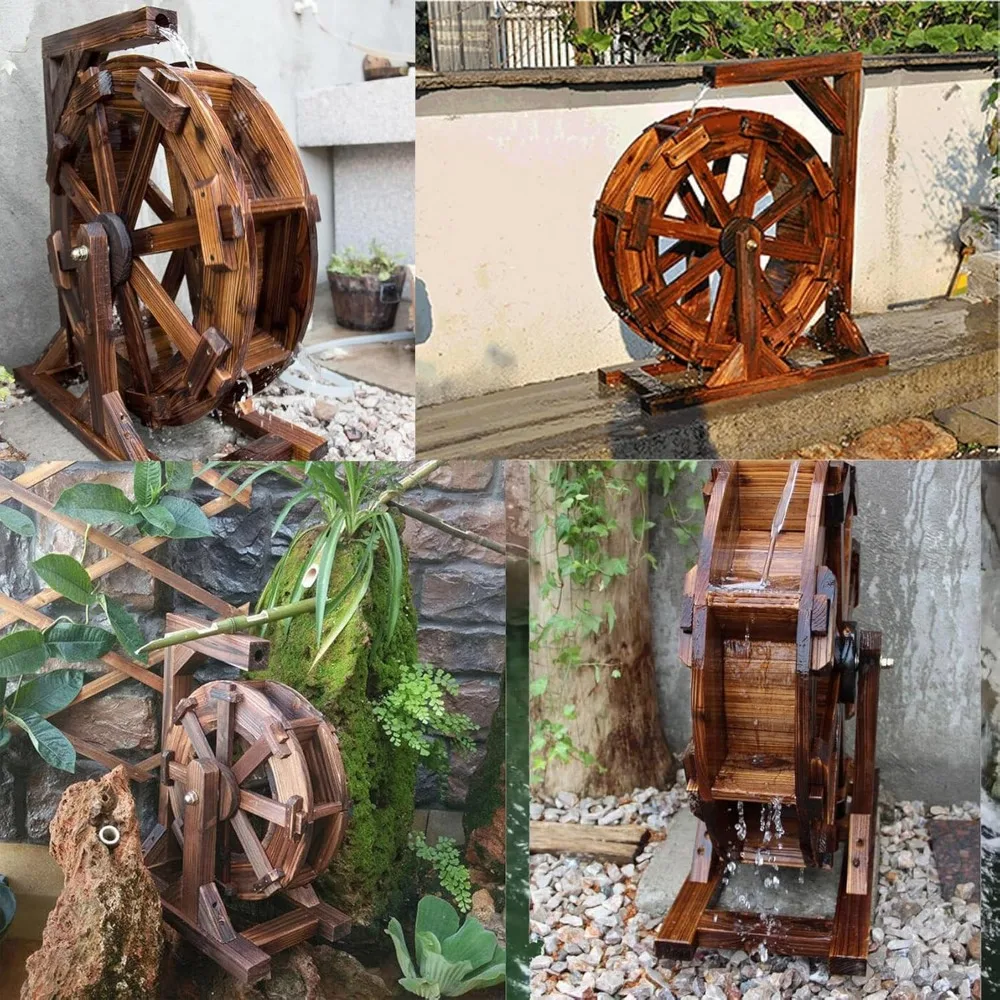 Fonte de roda de água para jardim ao ar livre com suporte, fontes de água externas e cachoeiras, fonte de roda de água de madeira para pátio