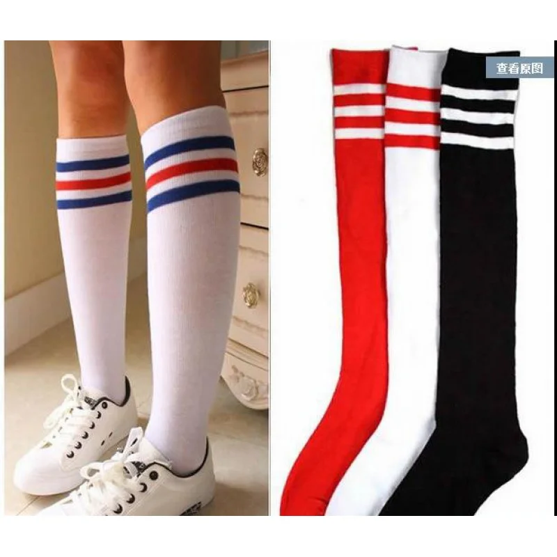 Three Bars Red and Blue Stripes Long Socks Women's Socks Students Stockings below the Knee Cheerleading Pure Cotton Soccer Socks