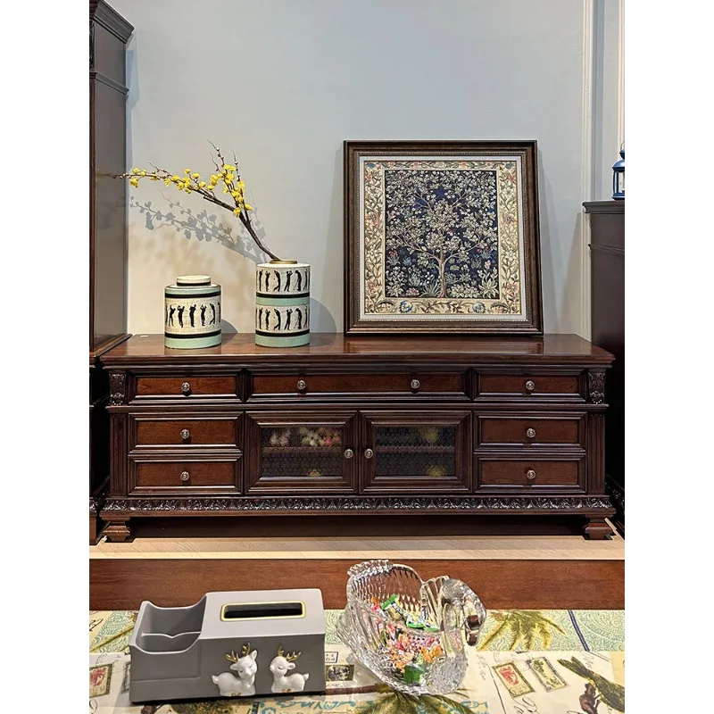 Pure solid wood large American TV cabinet combination villa living room high-end French retro classical European engraved video