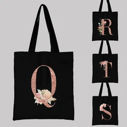 Women Canvas Shoulder Bag Ladies Casual Grocery Handbag Fashion Rose Letter Print Tote Bags Reusable Large Capacity Shopping Bag