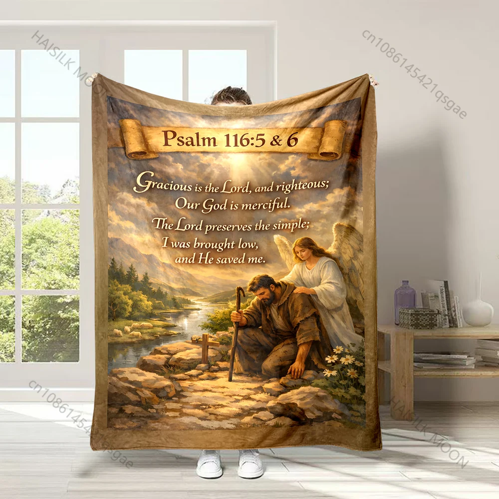 1PC Psalms Angel aiding a praying man Faith-printed Flannel Blanket Soft and Warm Suitable for Home Travel Picnics Camping RV