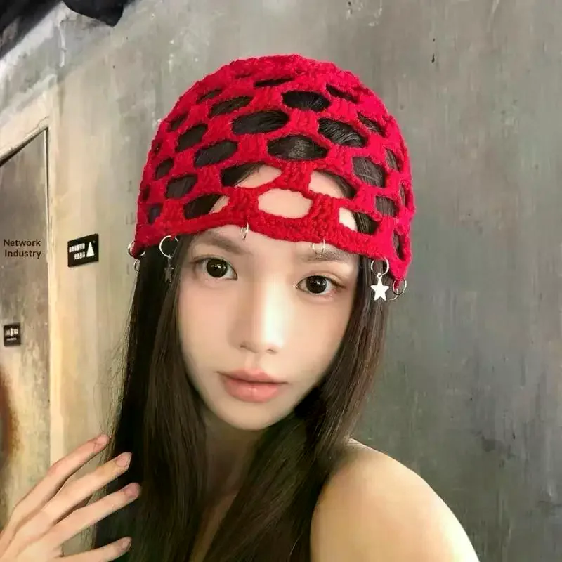 Bohemian Crochet Hollow Star Knitted Beanie Cap Women Summer Stylish Breathable Casual Head Wrap Brimless Knitted Cap