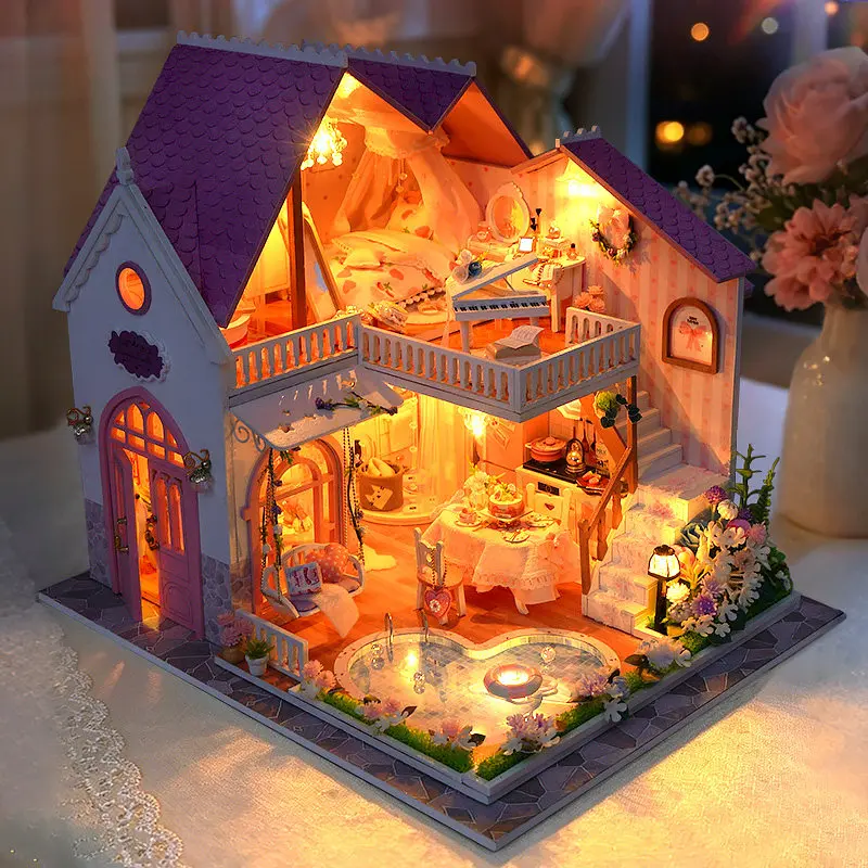 Casa de Muñecas de Madera DIY, Villa de Princesa Rosa, Figuras en Miniatura, Kits de Mini Casa para Regalos de Cumpleaños para Amigos, Decoración del Hogar, Manualidades