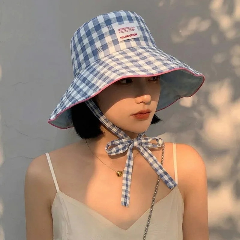 Plaid Bucket Hat Double Sided Reversible Sun Protection For Beach Travel Outdoor Women