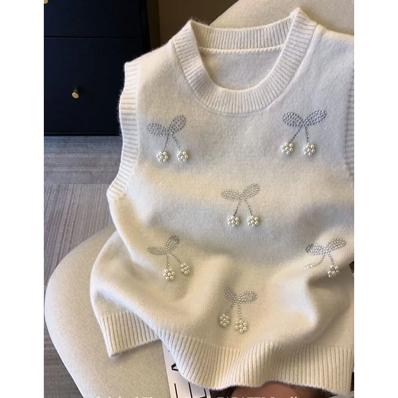 2025 السيدات سترة الموضة محبوك أكمام المرأة الكورية الجولة الرقبة متماسكة سترة الخريف الإناث بلون سترة صدرية #5