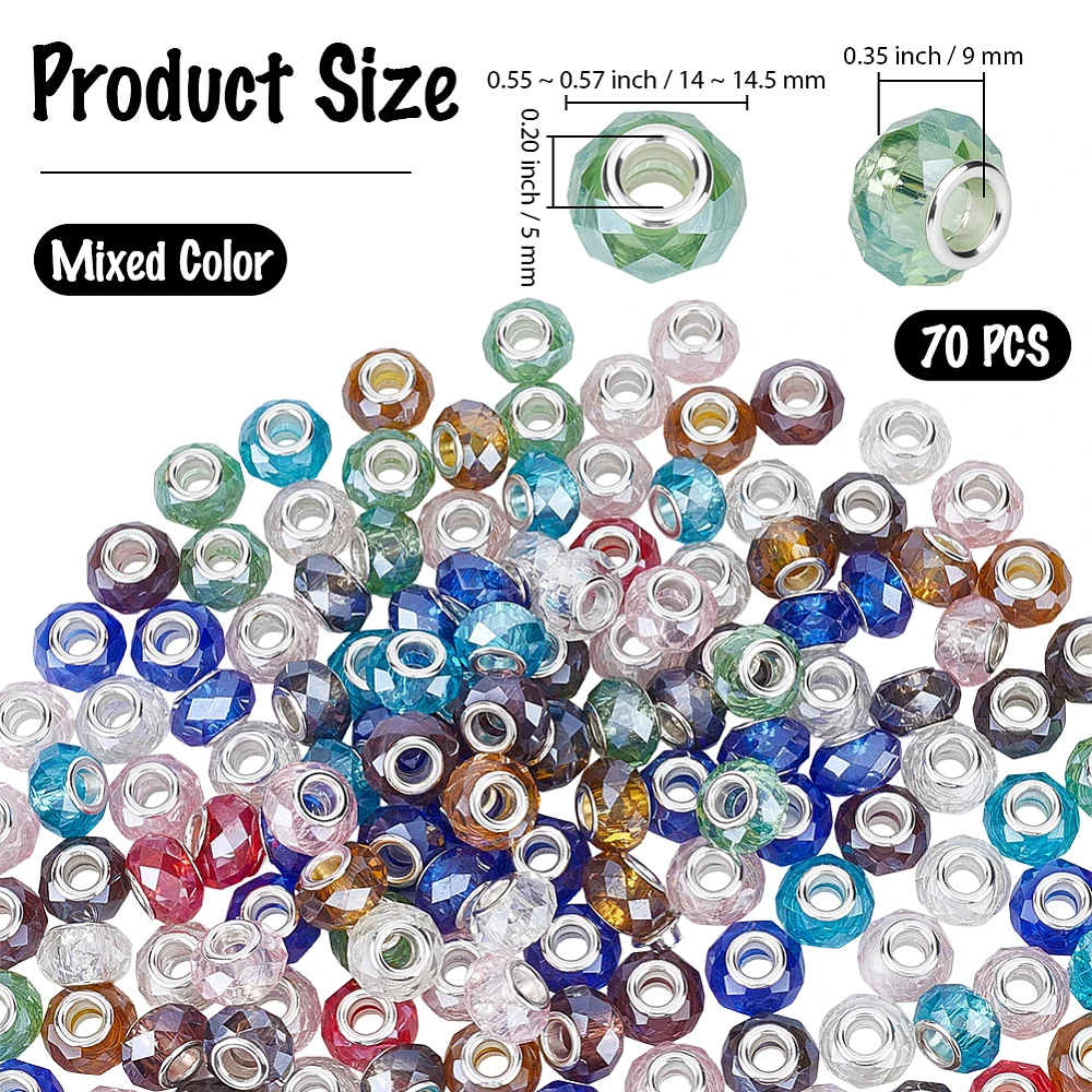 1 Box 70pcs 14mm Glass Faceted Large Hole Beads Round Transparent Rondelle Murano Clear European Lampwork Loose Spacer Bead