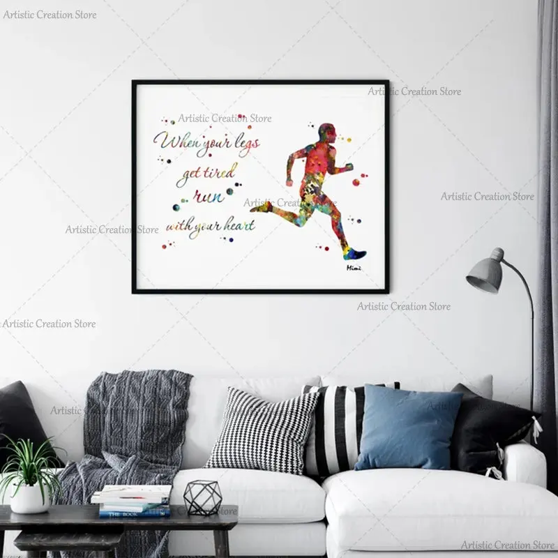 Runner Watercolor Running Man Posters When Your Legs Get Tired Run with Your Heart Inspirational Canvas Print Picture Home Decor