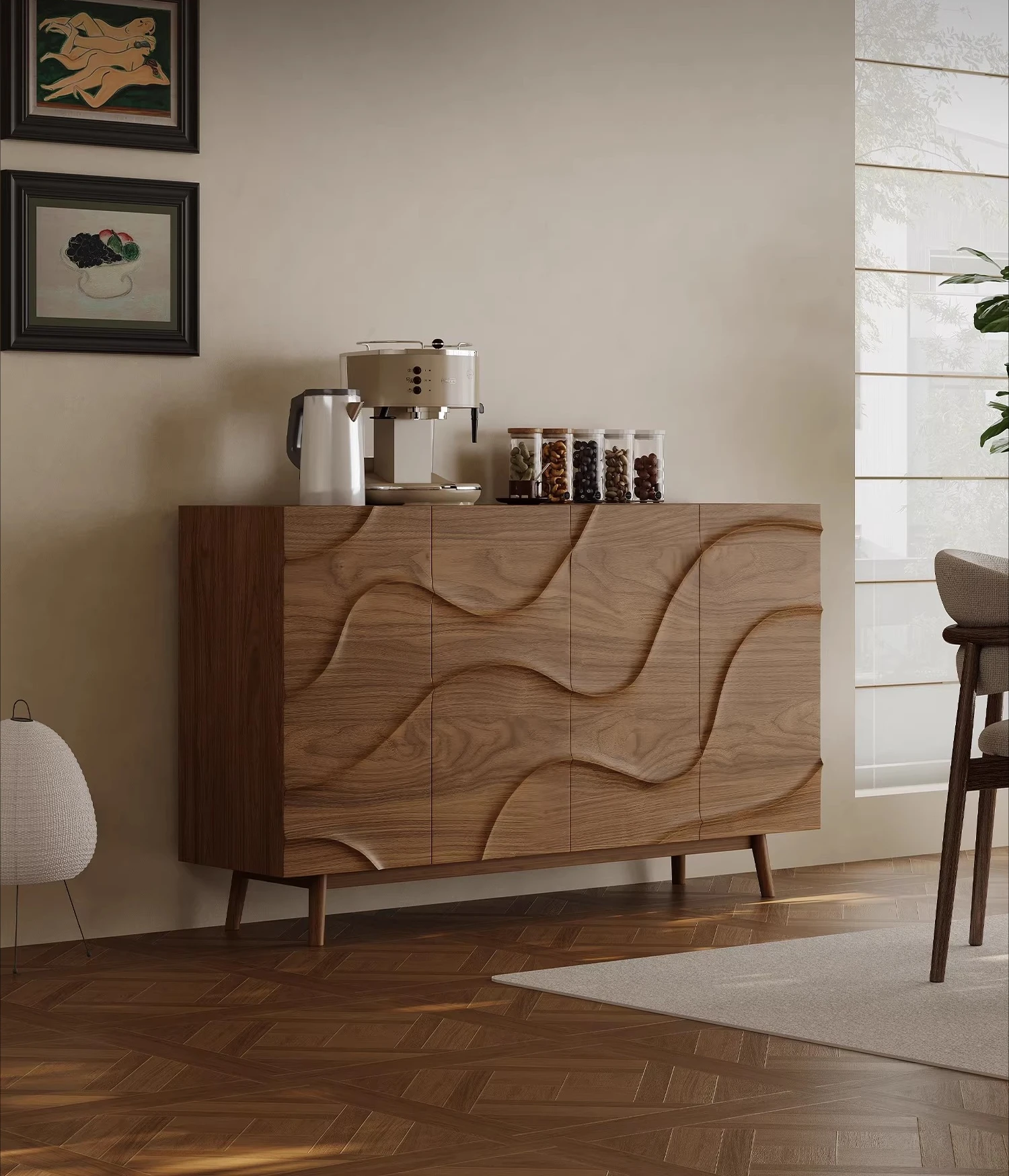 

Medieval solid wood dining side cabinet against the wall, bucket cabinet, entrance cabinet, storage, walnut leather