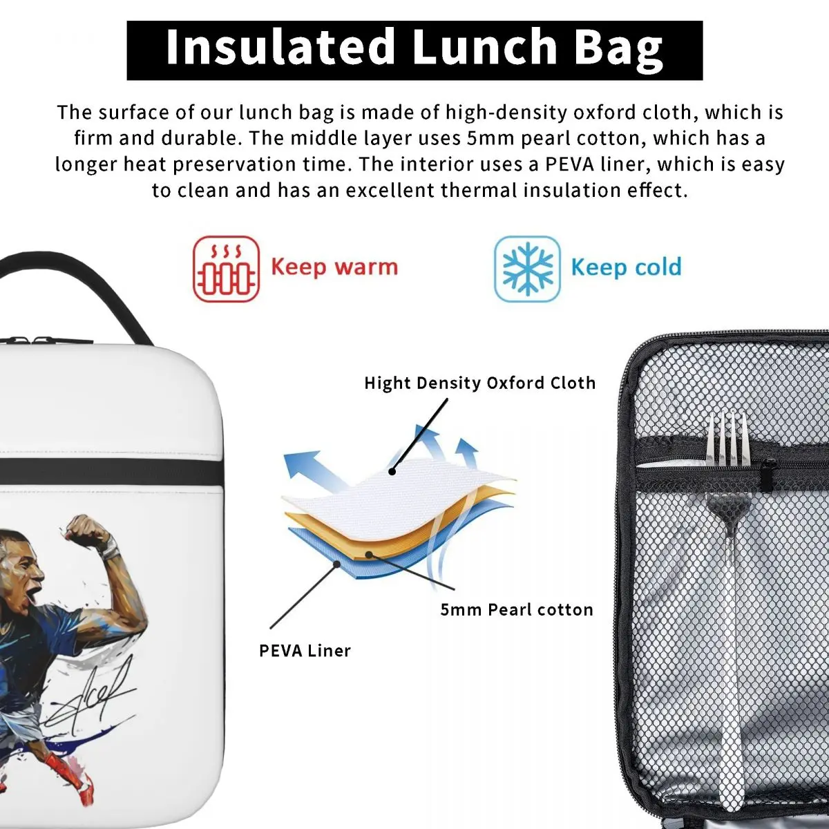 Mbappes French Soccer Insulated Lunch Tote Bag  Women KM Football Resuable Thermal Cooler Food Lunch Box Outdoor Camping Travel