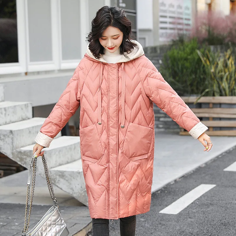 Korean Style Down Coats Women Mid Long  Hooded Loose Thickened Fashion Loose Casual Comfortable Jacket Lady Solid Autumn Winter