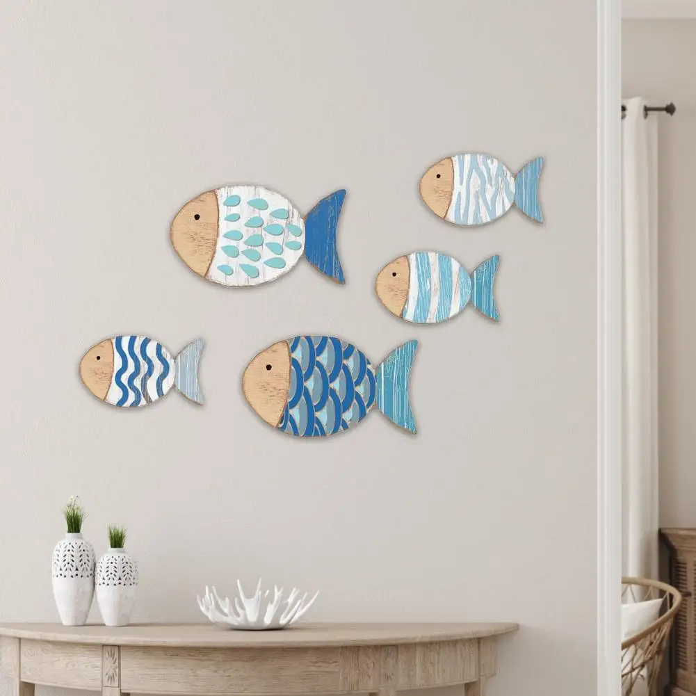 5Pcs/Set Wooden Fish Wall Decoration School of Fish Beach Lake Bathroom Wall Art Nautical Coastal Ocean Theme Hanging Ornament