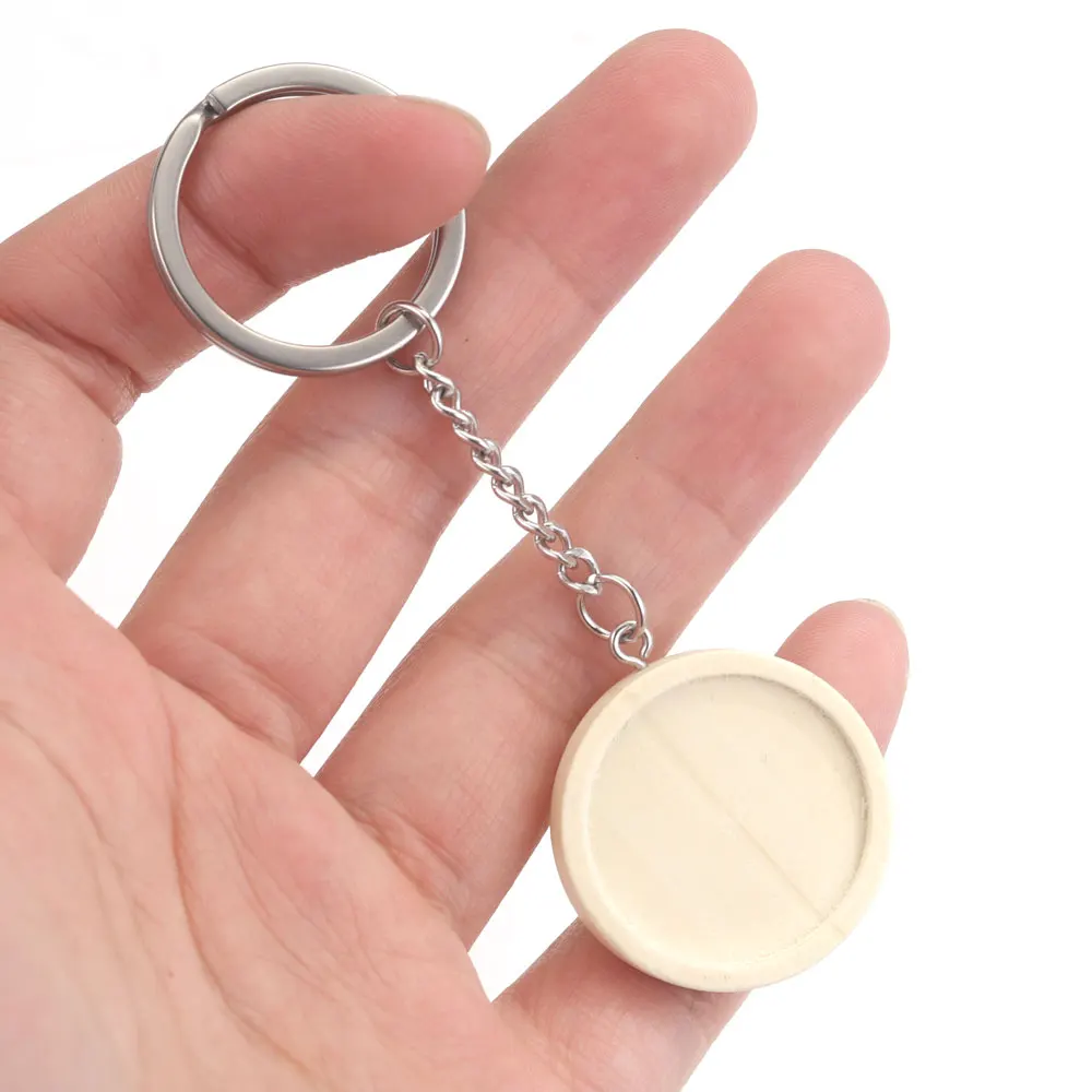 5pcs wood cabochon settings With Stainless Steel Keyring Accessories Diy Blank Wooden Base Trays For Key Chain Jewelry Making