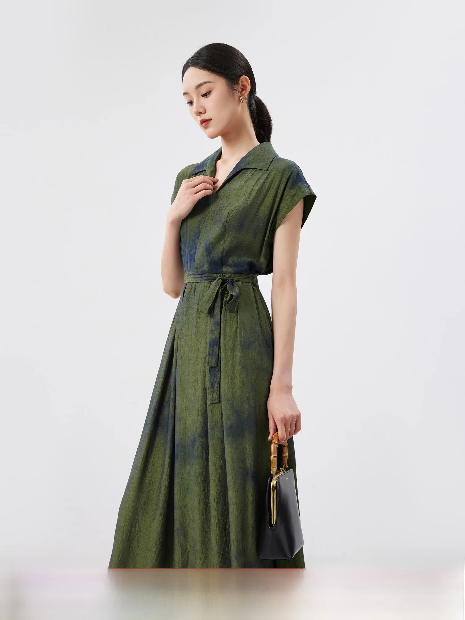 

Ele High Waistline Gauze Dr Dyed Art Effect awl Collar Midi Skirt Polyester Fiber ort Sve Zipper Ba Closure