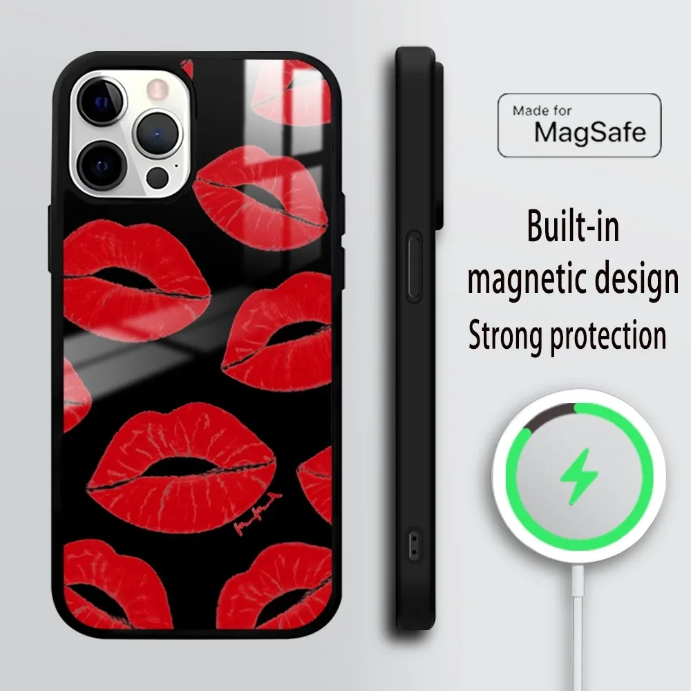 Enchanting sexy passionate lip mark Phone Case For iPhone 16 15 14 13 12 11 Pro Max Plus Mini Mirror Wireless magnetic case