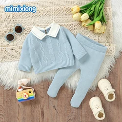 Baby Boys Clothes Sets Winter Blue Turtle Neck Long Sleeve Knitted Newborn Sweaters Pullovers+Trousers Outfits 2pcs Infant Suits