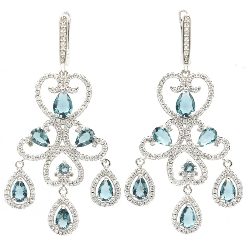 Buy 4 Get 1 Free 56x24mm Elegant Long Big London Blue Topaz Kunzite Iolite Smoky Topaz CZ Ladies Dating Silver Dangle Earrings