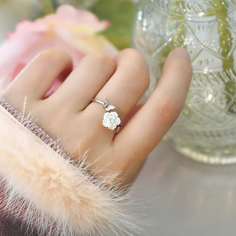 

ASHIQI Natural Shell Flower 925 Sterling Silver Butterfly Ring Fashion Finger Jewelry for Women