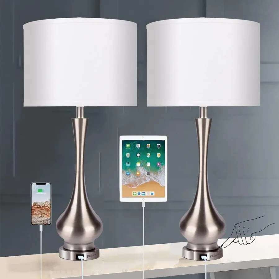 مجموعة مصابيح طاولة حديثة كبيرة مقاس 30 بوصة مكونة من 2 لغرفة المعيشة وغرفة النوم مع منفذ شحن USB ومنضدة من الفولاذ المصقول قابلة للتعتيم بثلاثة اتجاهات