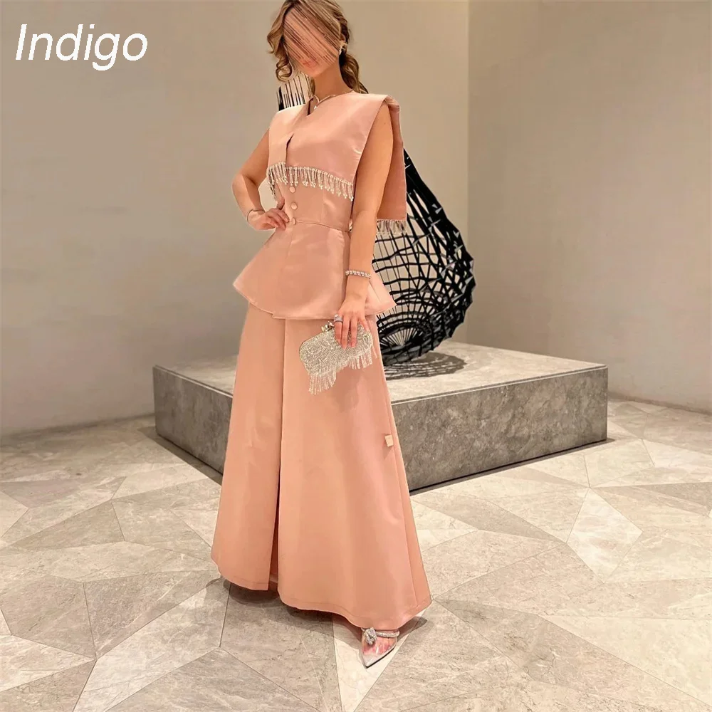 Indigo Prom Dresses A-Line Sleeveless V-Neck Split Beading Satin Button Elegant Evening Gown For Women فساتين الس Customized