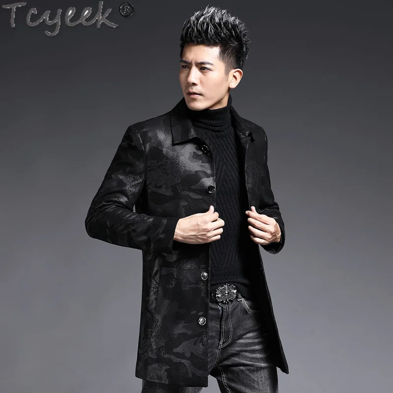 Tcyeek 2023 Spring Fall Casual Sheepskin Coat Mid-length Thin Leather Jackets Man Clothing Fashion Genuine Leather Jacket Men LM