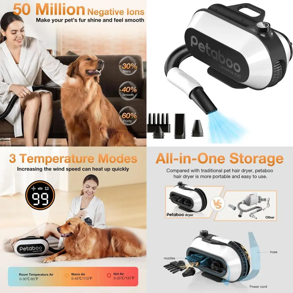 

Сушилка для собак petaboo — ультра-тихий режим Cat 40 дБ, портативное и универсальное хранилище, насадки 3-в-1 и регулируемая скорость/температура, отрицательная I