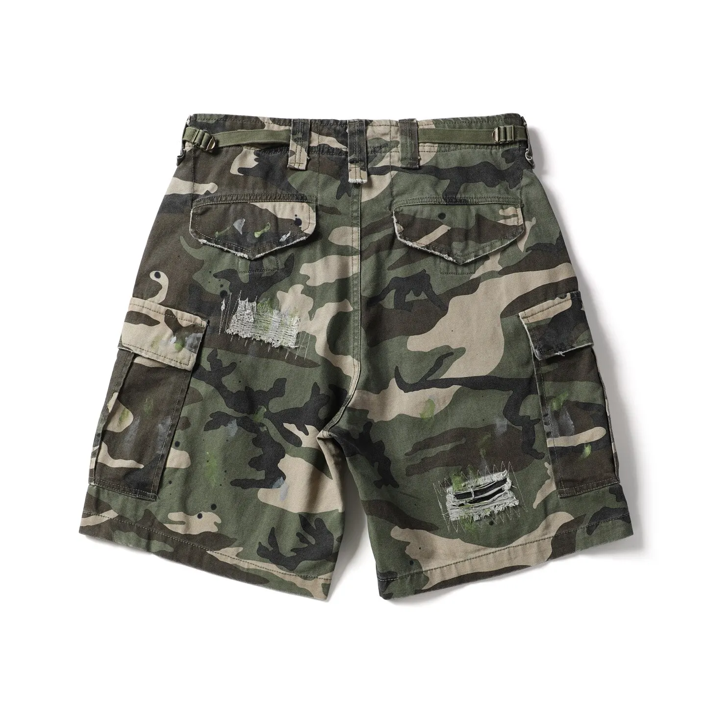 Japanese Retro Youth Heavyweight Destroyed Patchwork Camo Splatter Denim Cargo Shorts Summer Multi-Pocket 5